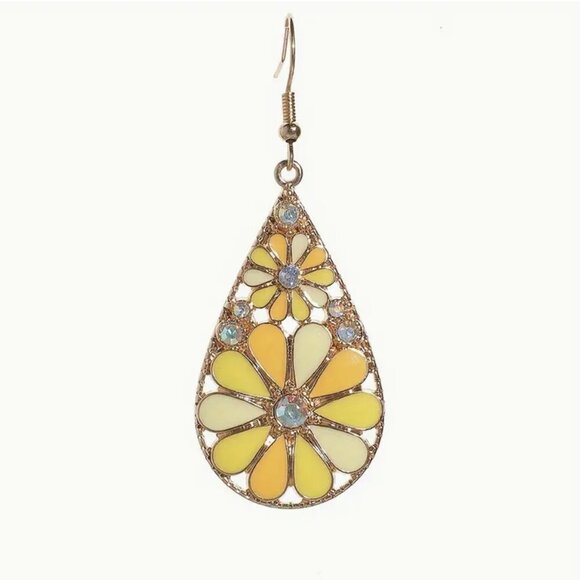 Mosaic Flower Dangle Earrings Boho Glass Rhinestone Floral Statement NWT - Picture 2 of 8